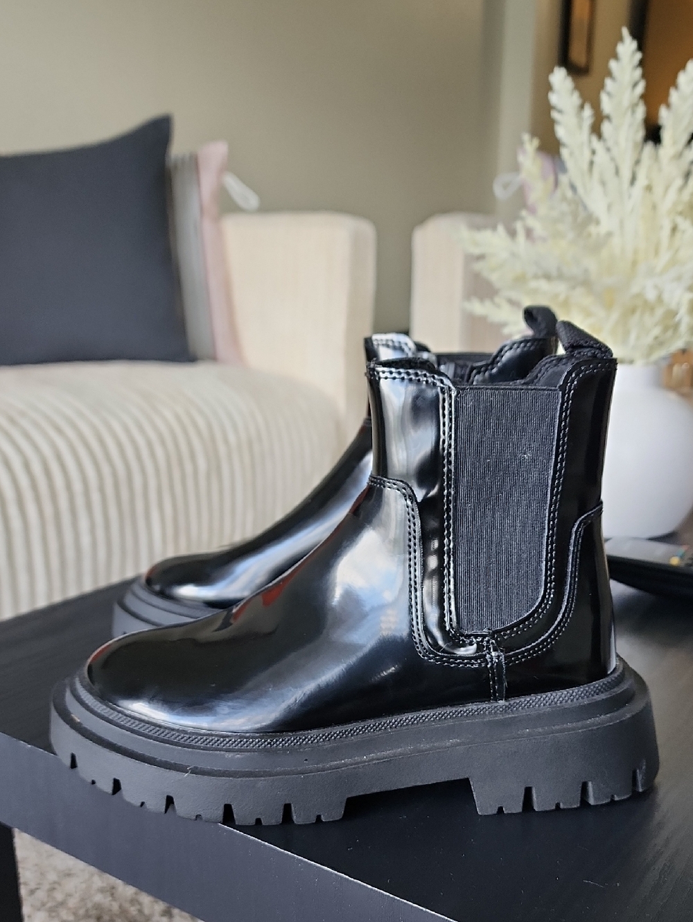 Zara Black Patent Chelsea Lug Boots for Kids